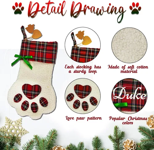 Miniatura 6 de Calcetines de Navidad personalizados para perros, patas de perro con nombre, sherpa sintético blanco con puño a cuadros rojos y detalles de hueso
