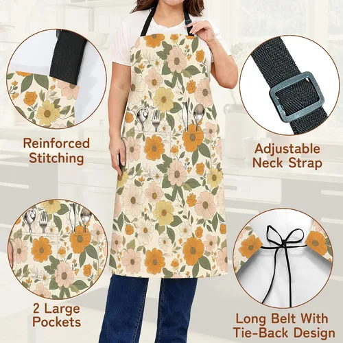 Miniatura 3 de Delantal de cocina con bolsillo, cuello ajustable impermeable y lazos largos, delantal de cocina para hornear, jardinería, pintura para mujer Retro