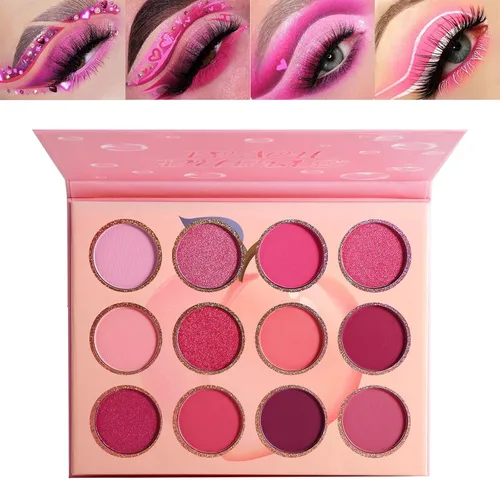 Miniatura 7 de Paleta de sombra de ojos rosa, 12 colores melocotón, mate y brillante, altamente pigmentada, rosa, mini paleta de sombra de ojos, cálida y natural