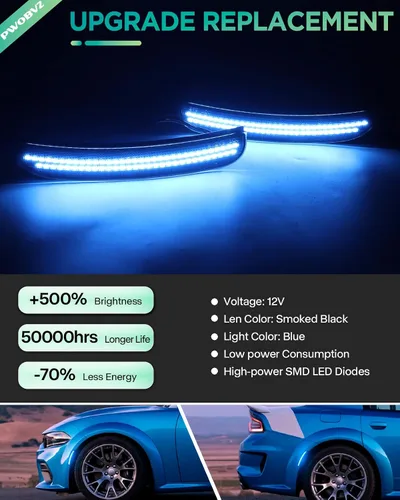 Miniatura 2 de Luces LED azules de marcador lateral para Dodge Charger 2015 2016 2017 2018 2019 2020 2021 2022 2023 2024, lámparas de parachoques delantero