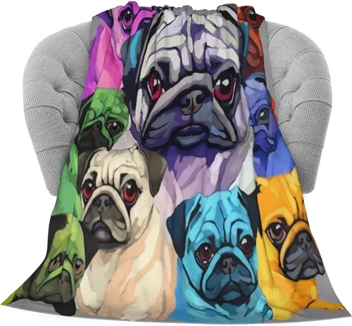 Miniatura 2 de Dujiea Manta de franela colorida con diseño de cachorros de perro carlino divertido de 40 x 50 pulgadas, manta súper suave y ligera para sofá