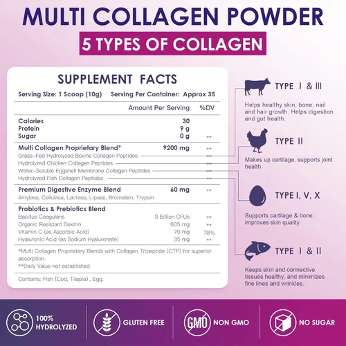 Miniatura 2 de NATURE TARGET Polvo de Péptidos de Colágeno Múltiple - Tipo I, II, III, V, X - Péptidos de Colágeno Hidrolizados con Vitamina C y Ácido Hialurónico