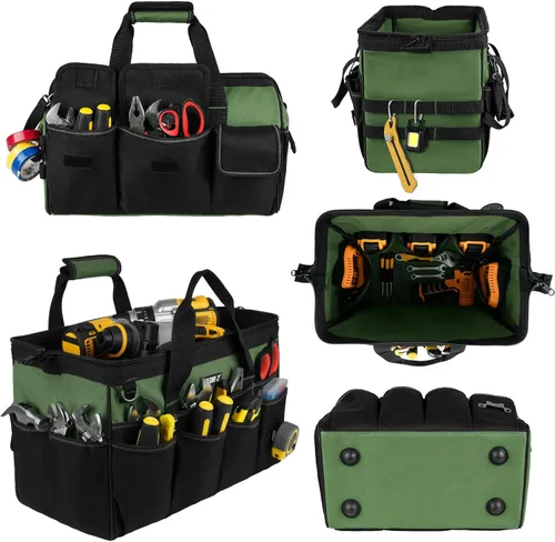 Miniatura 8 de Bolsa de herramientas, bolsa de herramientas resistente de 16 pulgadas para hombres, organizador de caja de herramientas con 27 bolsillos, bolsa