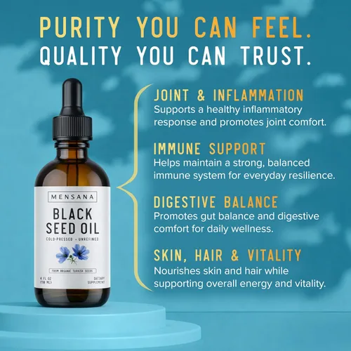 Miniatura 5 de MENSANA, Aceite de semilla negra (4 onzas – 47 porciones) – Virgen Nigella Sativa prensada en frío – Aceite de bienestar 100% orgánico, sin OMG