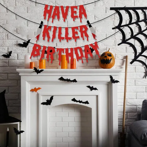 Miniatura 4 de Quimoy Decoraciones de cumpleaños Have a Killer, decoraciones de pancarta de Halloween, con 12 calcomanías de pared de murciélagos para decoración