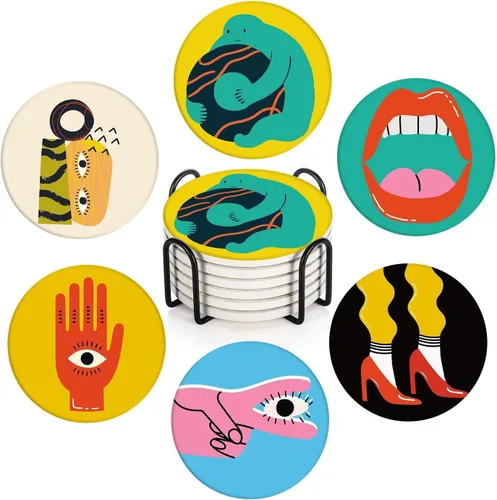Britimes Juego de portavasos de mesa para bebidas de 6 piezas, lindo diseño vintage musical retro geométrico absorbente de café redondo de cerámica