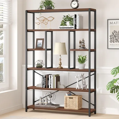 Miniatura 14 de LVB - Estantería alta de 6 niveles en negro, moderna y amplia estantería de almacenamiento, estante de madera y metal industrial de 6 estantes