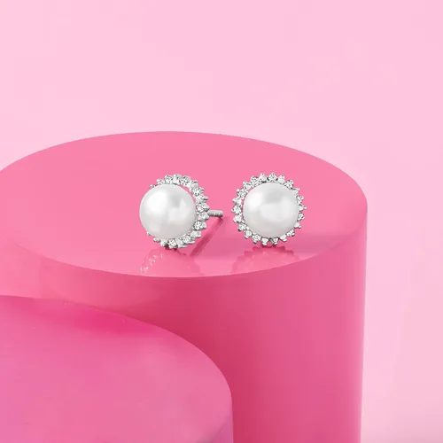 Miniatura 5 de Ross-Simons 7-7.5mm Cultured Button Pearl and .13 ct. t.w. Diamond Stud Earrings in Sterling Silver