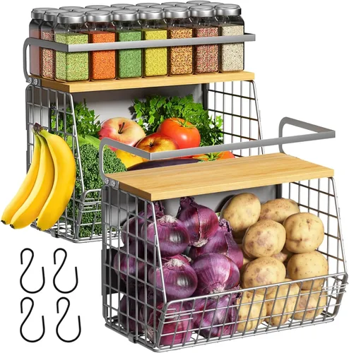 Miniatura 11 de Juego de 2 estantes magnéticos para refrigerador con tapa de madera, contenedores de almacenamiento de papas y cebollas, organizadores y Negro