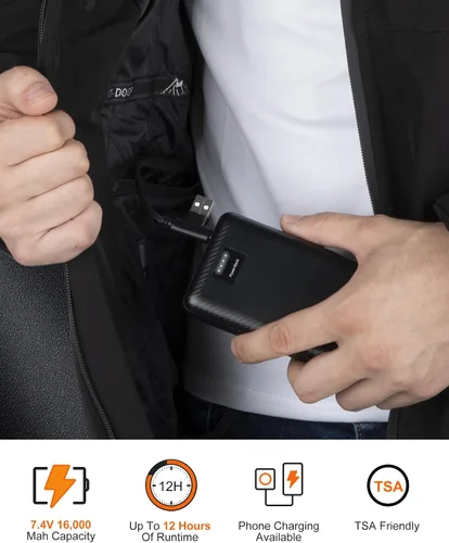 Miniatura 5 de azamine Chaqueta térmica para hombre con batería de 16000 mAh, abrigo térmico suave resistente al viento con capucha desmontable
