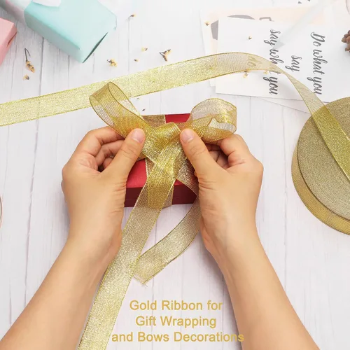 Miniatura 3 de Cinta de 100 yardas con purpurina dorada de 1 pulgada, cinta de tela sólida de ancho brillante para envoltura de regalos, manualidades, decoración