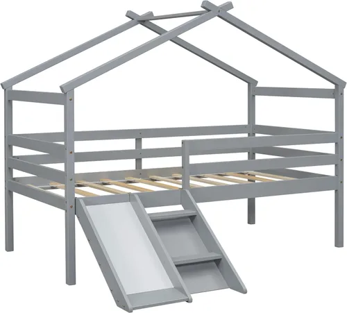 Miniatura 9 de Cama baja de tamaño individual con tobogán y escalera, marco de cama con barandillas de seguridad y techo en forma de casa, para dormitorio