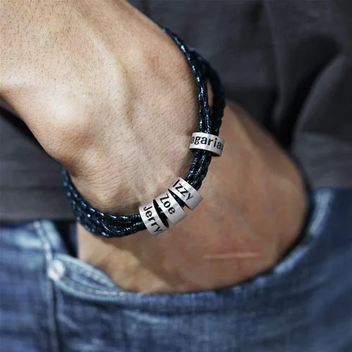 Miniatura 3 de Pulseras personalizables de cuero trenzado para hombre con 1-8 cuentas grabadas con nombre, pulsera de identificación para hombre, regalo para papá