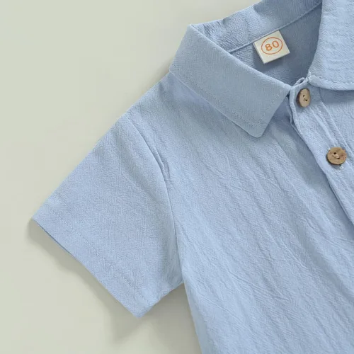 Miniatura 5 de DNOMAID YZARC Conjunto de 2 piezas de ropa de verano para bebé niño y niña, algodón sólido, lino, manga corta, con botones, pantalones cortos