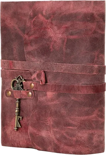 Miniatura 7 de Diario de cuero con papel de borde picoteado de 17,78x12,7 cm y llave vintage Cuaderno de escritura hecho a mano Cuaderno diario encuadernado
