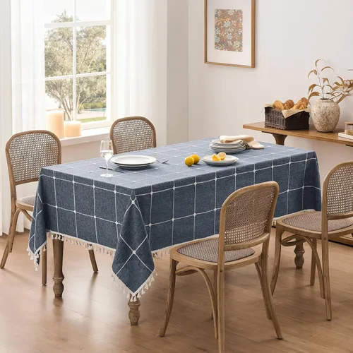 Miniatura 20 de ZeeMart - Mantel de mesa con diseño de cuadrícula boho y borlas (blanco roto, 132 cm x 132 cm), mantel de gran peso de lino a cuadros bordado
