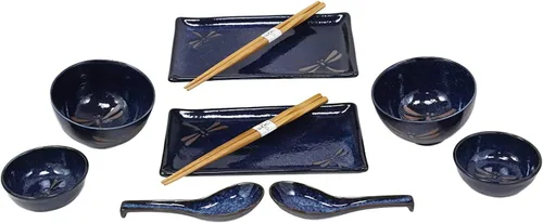 Miniatura 3 de Ebros Gift Juego de 10 platos japoneses de porcelana azul Tombo Dragonfly para sushi para 2 personas, pares de platos de sushi, cuencos de sopa