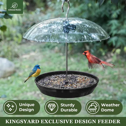 Miniatura 2 de Comedero para pájaros Kingsyard ajustable con plataforma para colgar al aire libre, comedero de bandeja de metal con parte superior abombada, atrae