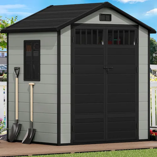 Miniatura 18 de DWVO Cobertizo de almacenamiento para exteriores de 5 x 3 pies con estilo de valla y ventanas laterales, piso y puertas con cerradura, cobertizo