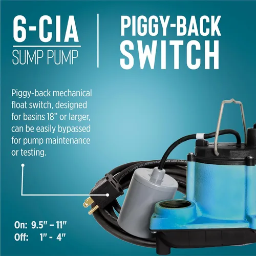 Miniatura 4 de Little Giant 6-CIA-RFS 115 Voltios, 1/3 HP, 2760 GPH Bomba Sumergible de Hierro Fundido con Interruptor de Flotador Mecánico Piggyback, Cable de 10