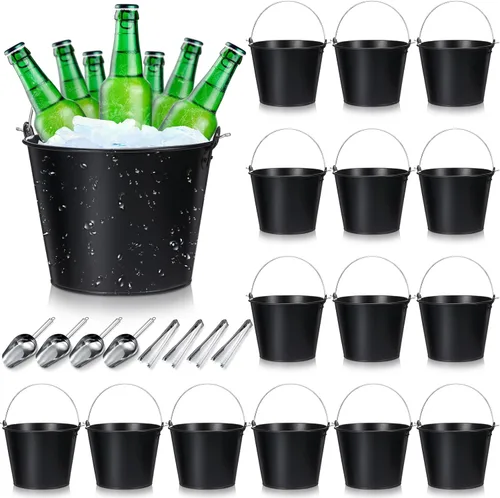 Zopeal Juego de 24 cubos de cerveza galvanizados, 16 cubos de metal con 4 cucharadas y 4 pinzas, cubo de hielo rústico de 7 pulgadas para fiestas,