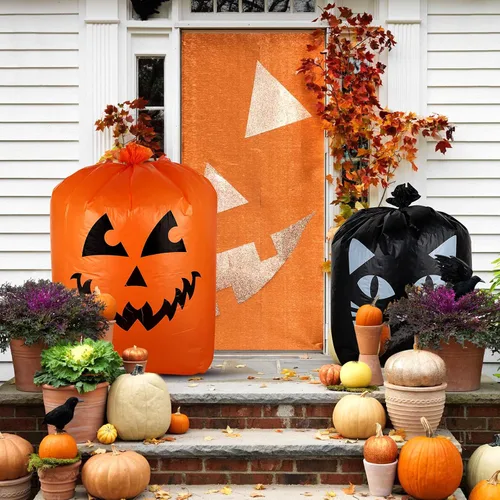 Miniatura 8 de Giiffu Paquete de 9 bolsas de hojas de Halloween con lazos giratorios, bolsas de basura de calabaza resistentes para césped, jardín, porche
