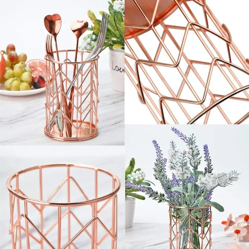 Miniatura 7 de Soporte para lápices de malla metálica de alambre de oro rosa, soporte para brochas de maquillaje, organizador de bolígrafos, accesorios