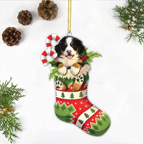 Miniatura 3 de Adorno acrílico plano de Navidad para perro de montaña bernés, adorable cachorro de montaña bernés en calcetín con bastones de caramelo, decoración