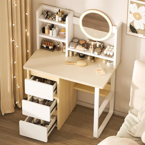 Miniatura 5 de Tocador de construcción resistente con tablero de 0.59 pulgadas de grosor, 3 en 1, multifuncional, con espejo ajustable y luces LED, mesa de noche