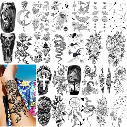 Miniatura 7 de VANTATY 61 hojas de tatuajes temporales 3D de serpiente y flores para mujeres y niñas, tatuajes para el cuello y el brazo, 12 hojas de tatuajes