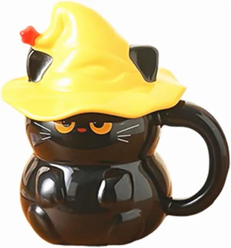 Taza de café de cerámica, diseño de gato negro, hecho a mano, con sombrero de mago, tapa, asa, oficina, hogar, chocolate caliente con leche, regalos