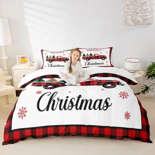 Miniatura 57 de Juego de funda de edredón para niños con diseño de Navidad, tamaño individual, camiones rojos y árboles de pino con copos de nieve, decoración