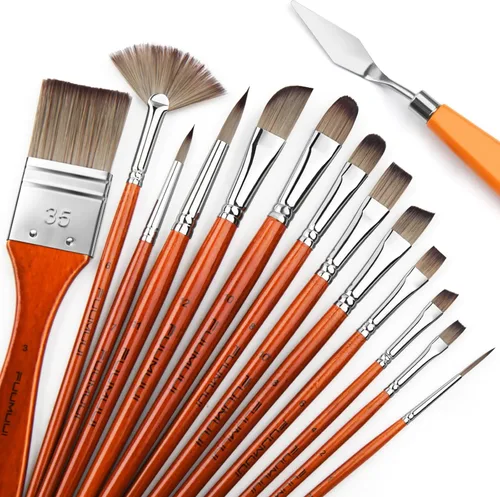 Miniatura 2 de 14 piezas de pinceles de pintura acrílica, juego de pinceles de pintura profesional con cerdas sintéticas y cuchillo de paleta extra - Pinceles