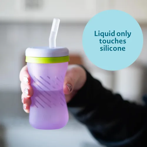 Miniatura 2 de The First Years Vaso de silicona con popote para apretar, a prueba de derrames, apto para lavavajillas, verde y morado, 7 onzas, 2 unidades, a