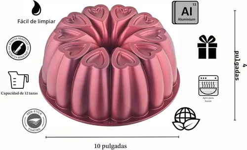 Miniatura 2 de Molde de aluminio fundido en forma de corazón, revestimiento de titanio, antiadherente, 12 tazas, resistente, molde para pastel pound de 10 02-rojo