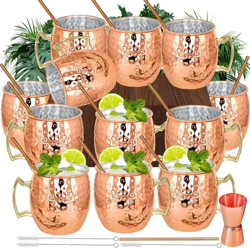 Juego de 12 tazas de cobre Moscow Mule con revestimiento de cobre, tazas de cobre Moscow Mule de 18 oz a granel, tazas grandes de acero inoxidable
