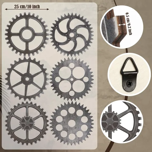 Miniatura 3 de 6 piezas de decoración de pared Steampunk de madera, rueda de engranajes steampunk, decoración industrial de pared de 10 pulgadas, combinación