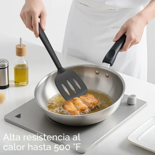 Miniatura 4 de Coukre Juego de 3 espátulas de silicona, resistentes al calor, sin BPA, espátula de pescado, espátula sólida y ranurada para sartenes negro puro