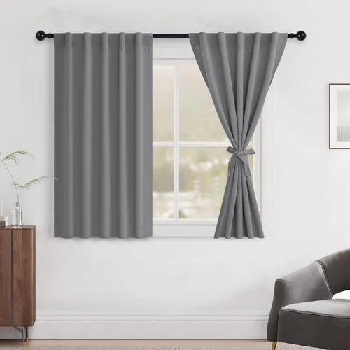 Miniatura 19 de Hiasan Cortinas opacas negras para dormitorio, cortinas opacas cortas de 45 pulgadas de largo, con aislamiento térmico, bolsillo para barra