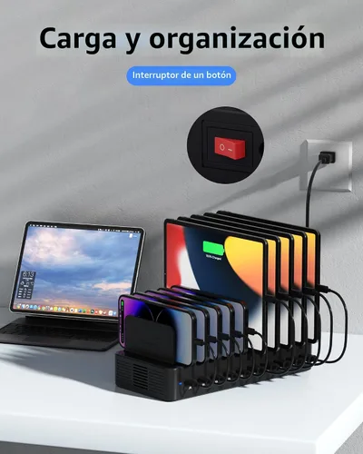 Miniatura 7 de Estación de carga de 100 W para múltiples dispositivos, estación de carga rápida USB de 10 puertos con divisores ajustables y 10 cables, base