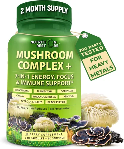 Complejo orgánico de hongos: melena de león, cola de pavo, cordyceps, chaga, contiene beta-glucanos naturales - Mezcla de energía orgánica y apoyo