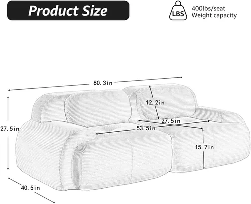 Miniatura 9 de Sofá biplaza moderno de 80 pulgadas para sala de estar, sofá de pana en forma de nube con asiento profundo, sofá modular negro, sofás de dos plazas
