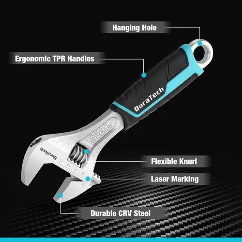 Miniatura 3 de DURATECH Llave de acero Cr-V ajustable de 6 pulgadas, llave de mandíbula ancha, básculas métricas y SAE, para el hogar, garaje, taller y bricolaje