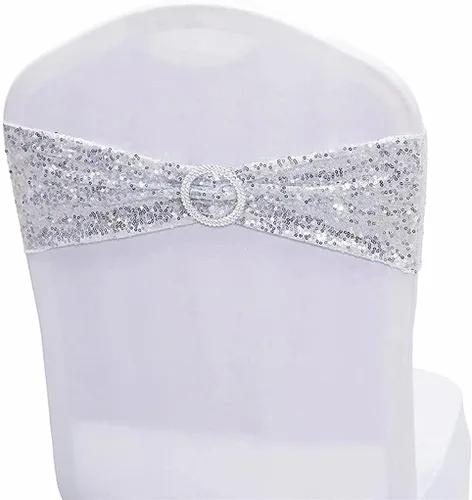 Miniatura 7 de Fajas de lentejuelas para sillas de elastano, paquete de 6 bandas elásticas de lentejuelas con hebilla para bodas, banquetes, cumpleaños, Oro rosa