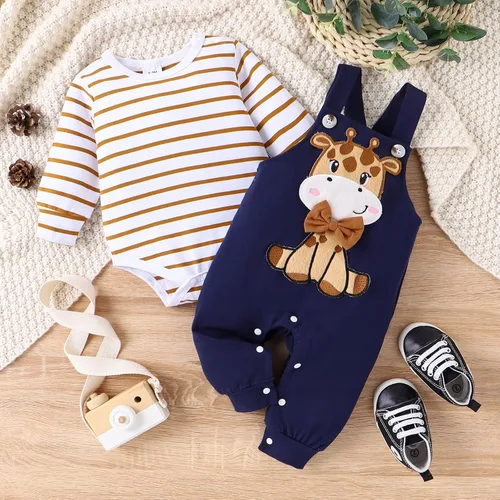 Miniatura 2 de Conjunto de ropa de bebé para recién nacido, para otoño e invierno, a rayas, mameluco de dibujos animados, conjunto de pantalones con tirantes