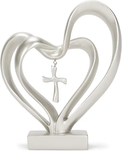 Miniatura 3 de Cruz de acabado mate en plata de 13 x 8 pulgadas de Dicksons con corazones en el medio, tope de mesa "El matrimonio necesita de tres" Tono plateado
