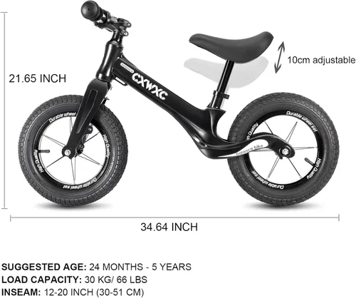 Miniatura 4 de CXWXC Bicicleta de equilibrio de 12 pulgadas para niños de 24 meses a 5 años, bicicleta de equilibrio para niños con reposapiés, bicicleta de Negro