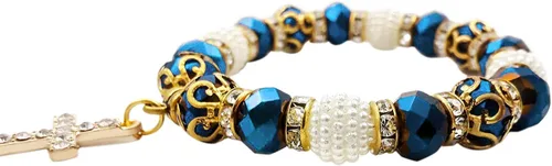 Miniatura 3 de Pulsera elástica ajustable con cuentas de cristal azul profundo y cruz cristalizada católica