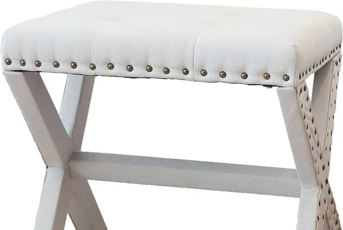 Miniatura 4 de AC Pacific Modern Chic - Taburete tapizado con tela de lino suave, ribete de cabeza de clavo, asiento copetudo y marco de madera maciza, 17 pulgadas