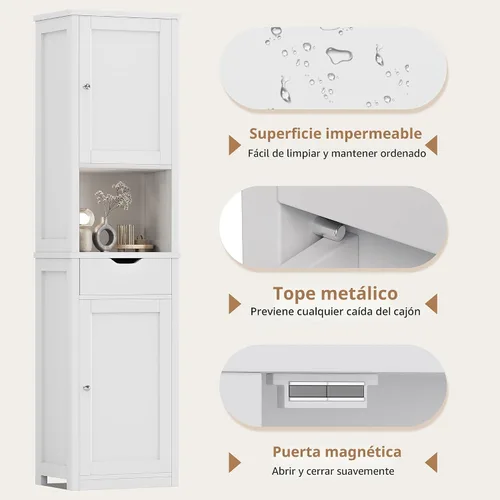 Miniatura 6 de Shintenchi Armario de almacenamiento alto para baño, gabinete de piso delgado de esquina con puertas y cajón, organizador de baño estrecho Blanco